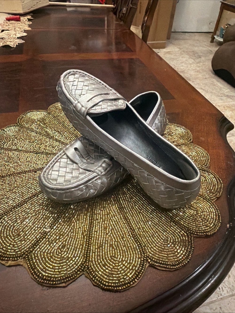 Clarks Metallic Silver Woven Penny Loafers